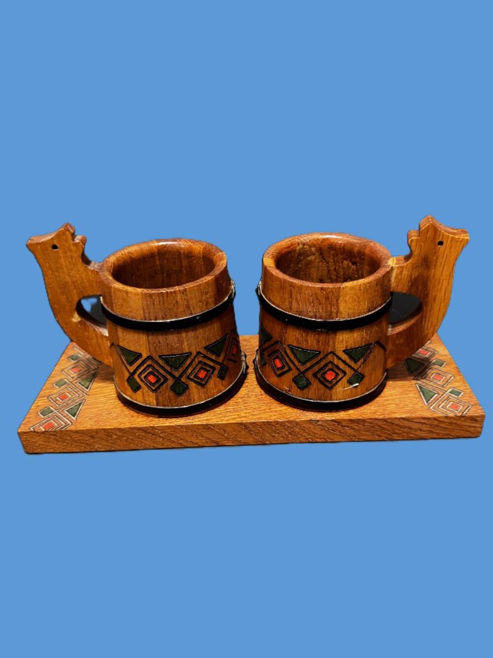 Soviet Ukrainian Hutsul Folk Art Carpathian Bear Wood Mug Set with Tray, Vintage